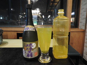 Famous brand of Awamori,unique Okinawa's distilled spirite and beside is Turmeric water